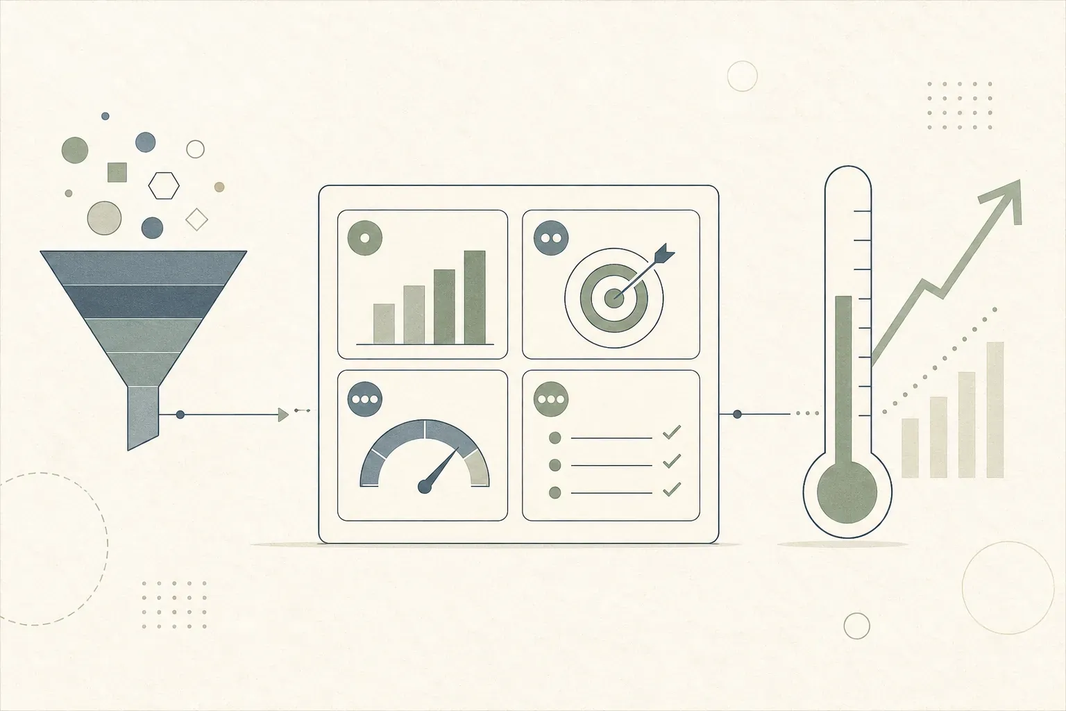Funnel feeds a four-tile dashboard with bar chart, target, gauge and checklist; thermometer and rising arrow on the right.