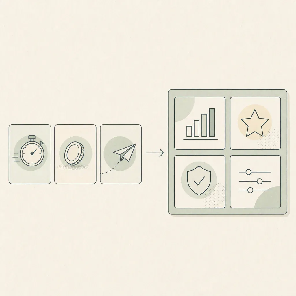 Three small process-metric tiles with stopwatch, coin and paper-aeroplane icons feeding an arrow into a four-tile outcome scorecard.