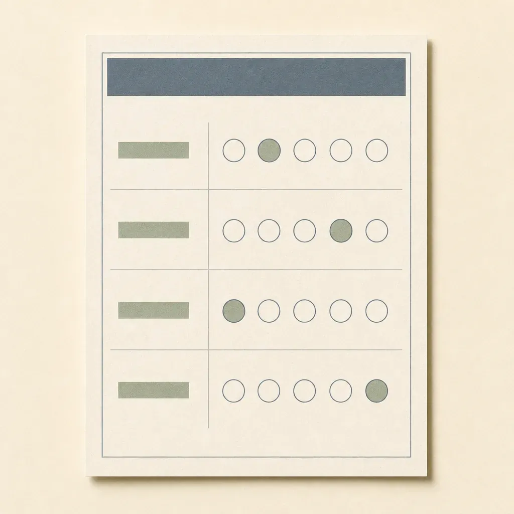 One-page scorecard sketch with four labelled rows, each scored on a five-dot one-to-five rating scale with one filled dot per row.