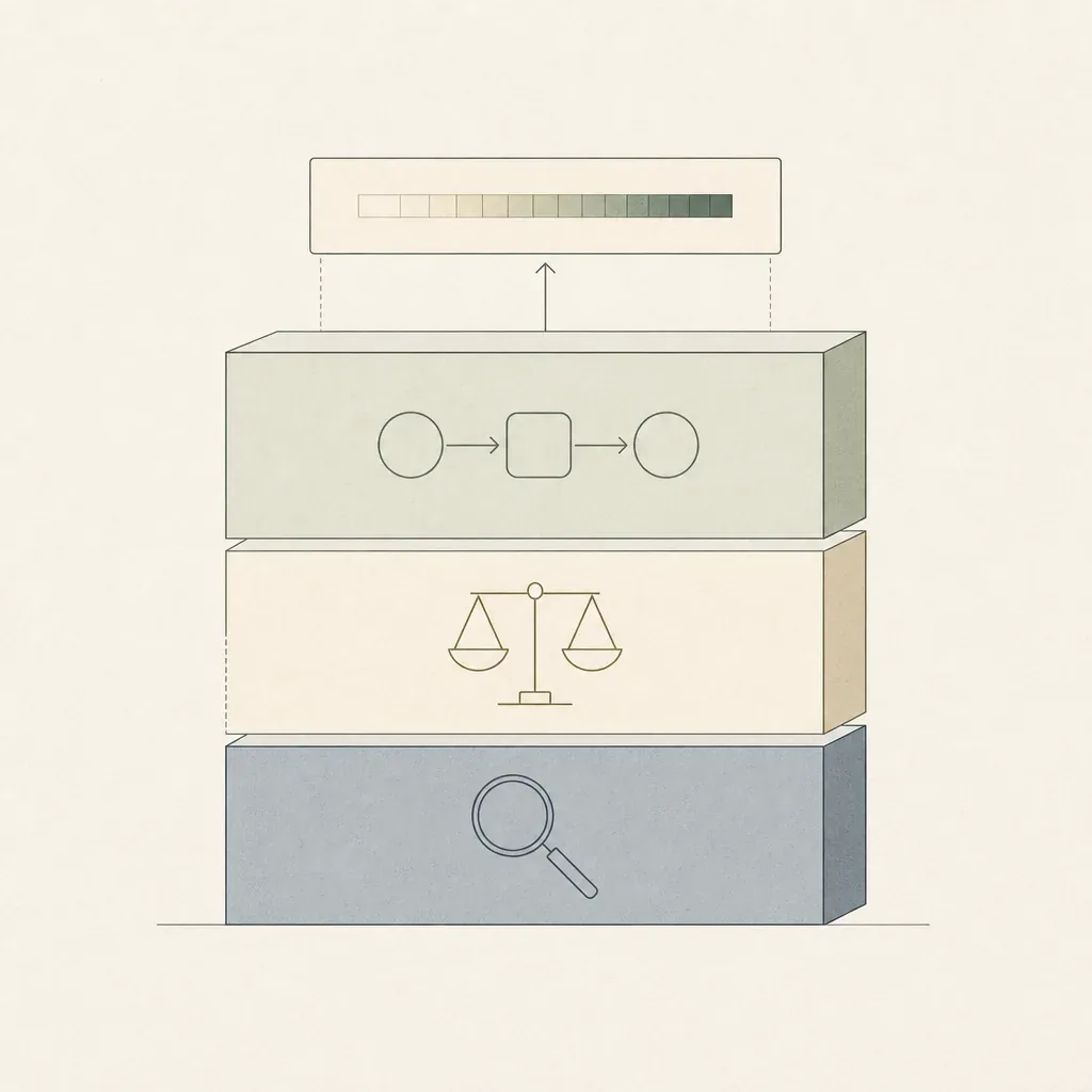 Three stacked layers with magnifier, balance scales and flowchart icons feeding an arrow up into a small output bar above.