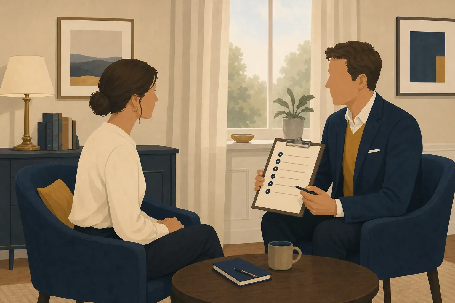 Two seated figures across a small table in a warm office; one holds a clipboard with a column of anchored ratings.