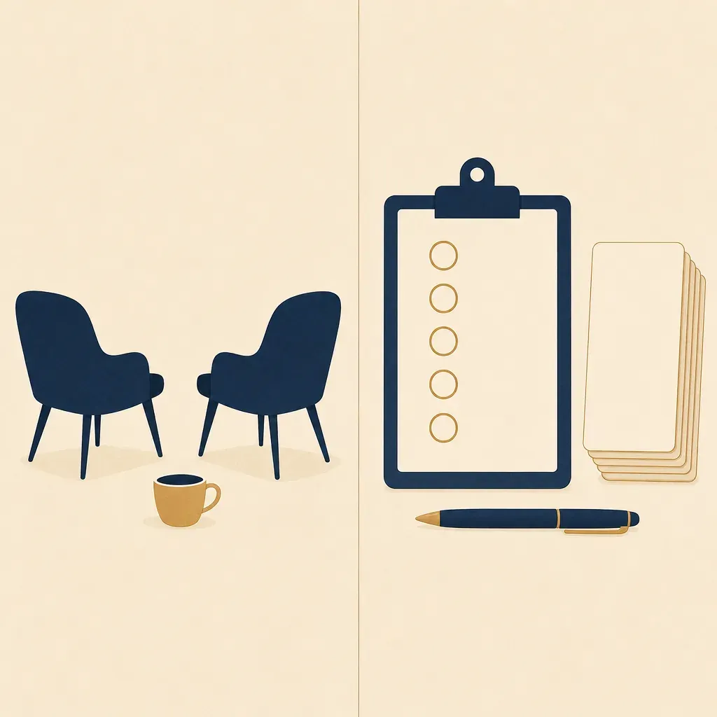Two-panel illustration: left, two facing chairs with a coffee cup; right, a clipboard with anchored rating circles, question cards, and a pen.