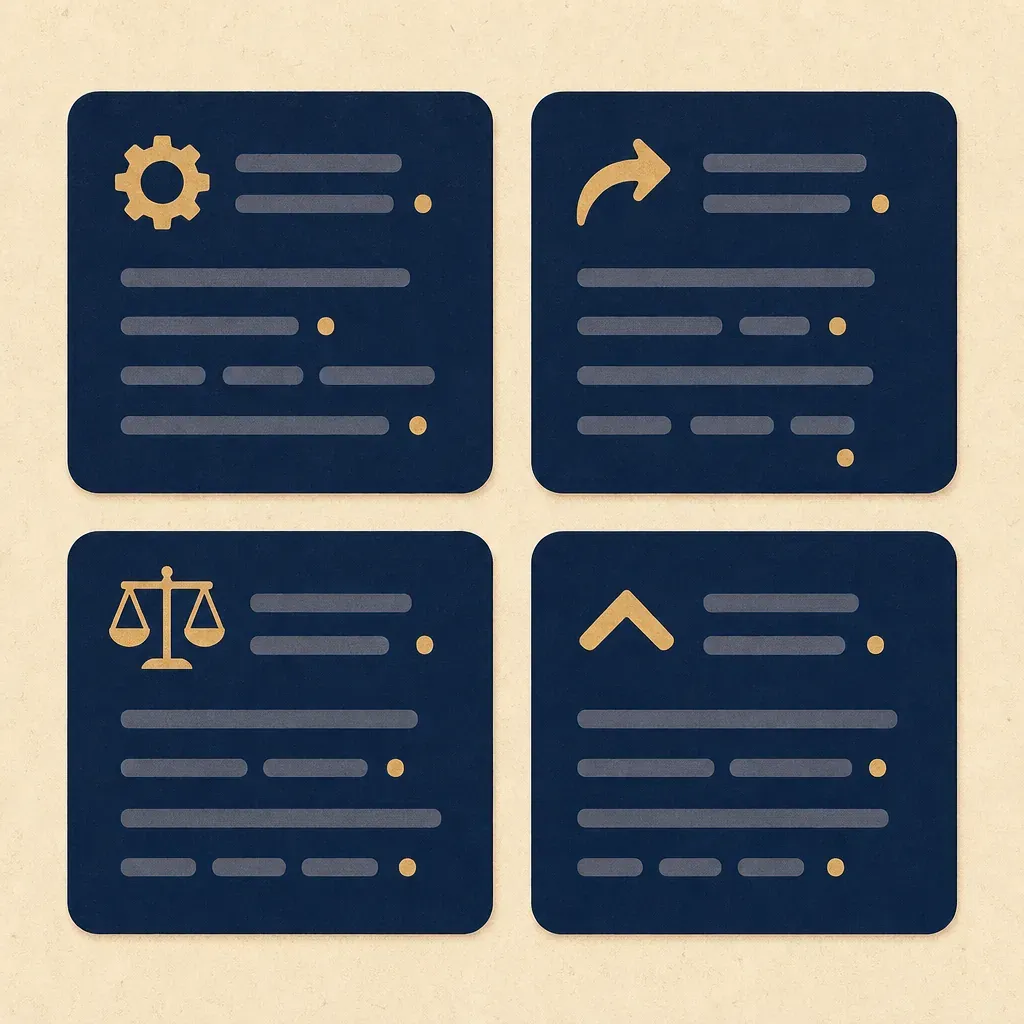 Four navy question cards in a two-by-two grid, each marked with a small ochre icon: cog, curved arrow, balance scale, upward chevron.