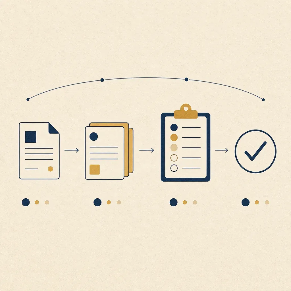 Flow diagram: a document, a stack of cards, a clipboard with rated rows, and a tick in a circle, joined by arrows under a soft curved line.