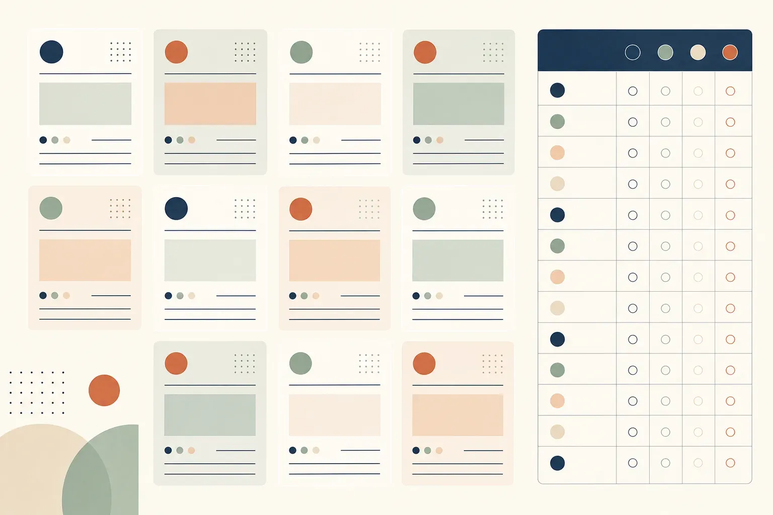 Flat illustration of a grid of identical interview question cards beside a neat, ruled scoring rubric with coloured dots.