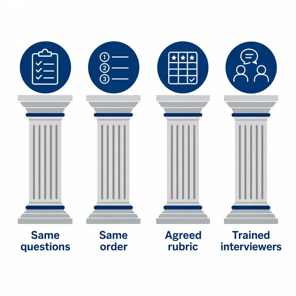 Four blue and grey columns labelled Same questions, Same order, Agreed rubric, Trained interviewers - the four pillars of structure.