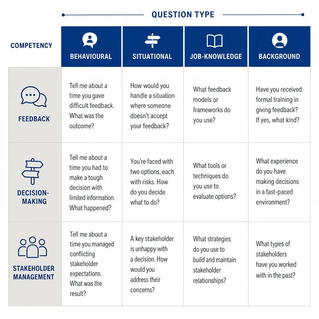 Grid of competencies down the side and four question types across the top, with example interview questions in each cell.
