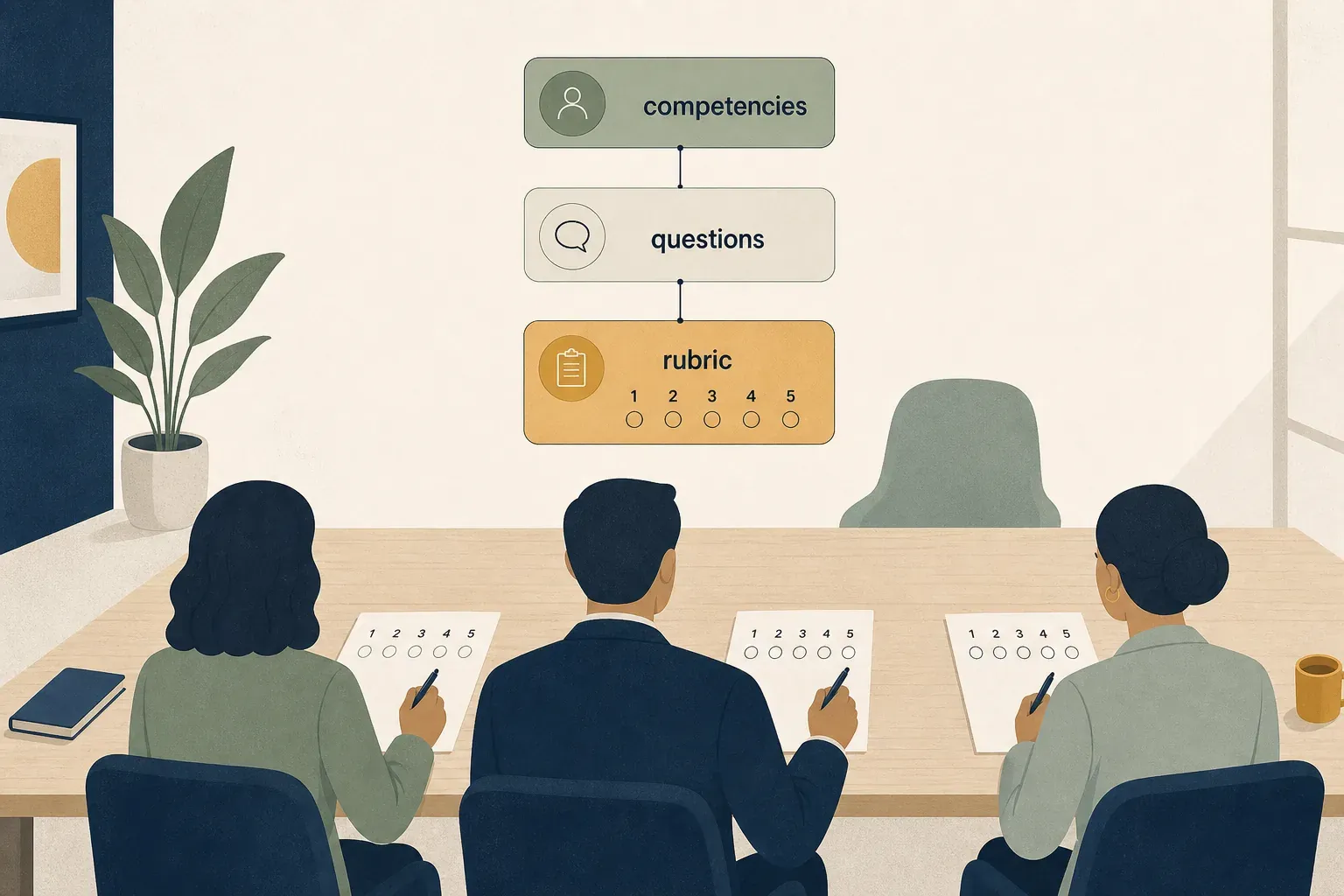 Panel of three interviewers at a table, scoring on 1 to 5 sheets, with a competencies and rubric framework on the wall.