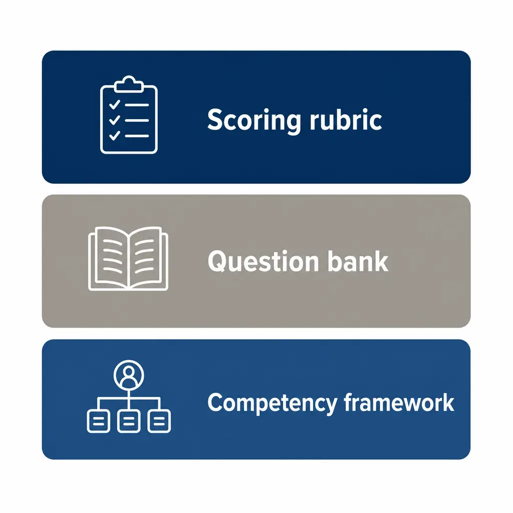 Three stacked horizontal bands labelled Scoring rubric, Question bank, and Competency framework - the three layers.