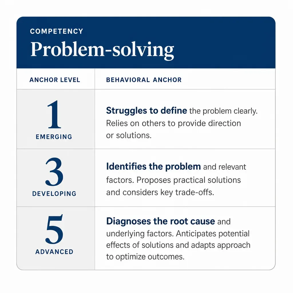 Rubric card for Problem-solving, with anchors 1, 3 and 5 describing emerging, developing and advanced behaviours.