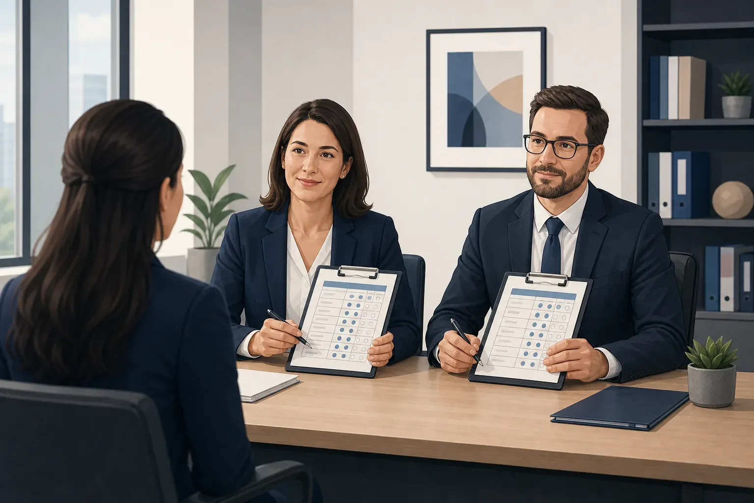 Two interviewers holding structured scoring rubrics on clipboards facing a candidate across a desk in a modern office