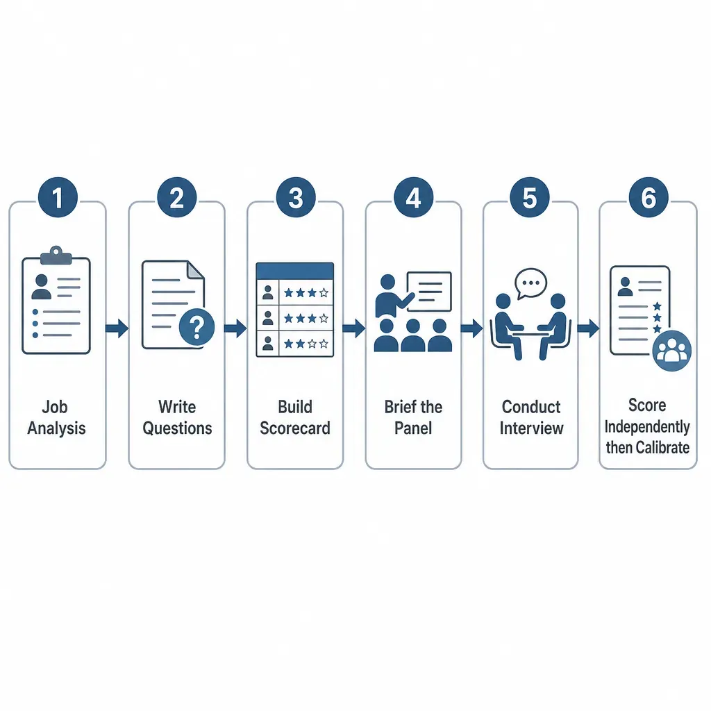 Six-step process flow diagram for building a structured interview: job analysis, write questions, build scorecard, brief the panel, conduct interview, score independently then calibrate