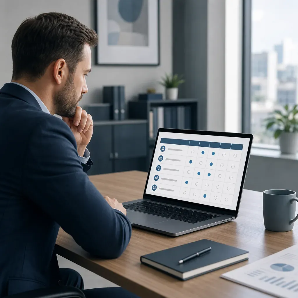 A hiring manager in a suit reviewing a structured interview scorecard on a laptop screen in a modern office