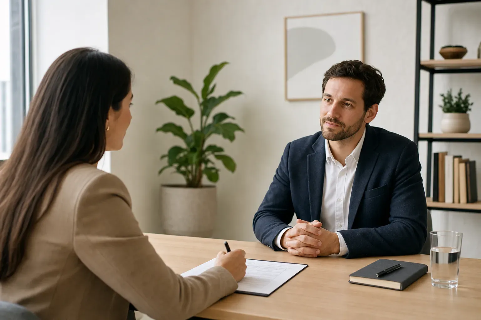An interviewer with a clipboard faces a candidate across a desk in a calm, light-filled office setting