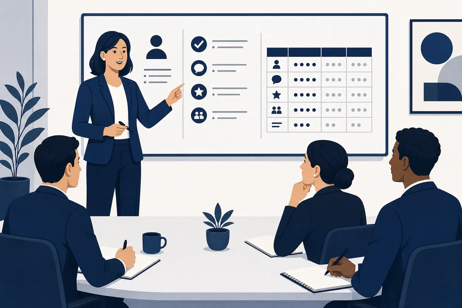 Trainer pointing at a structured interview scorecard on a screen, with three professionals taking notes