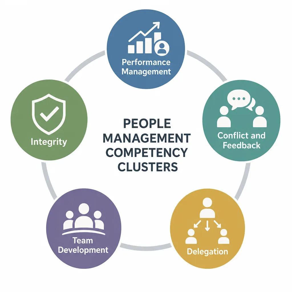 Circular diagram of five competency areas for people management: performance, feedback, delegation, development, integrity