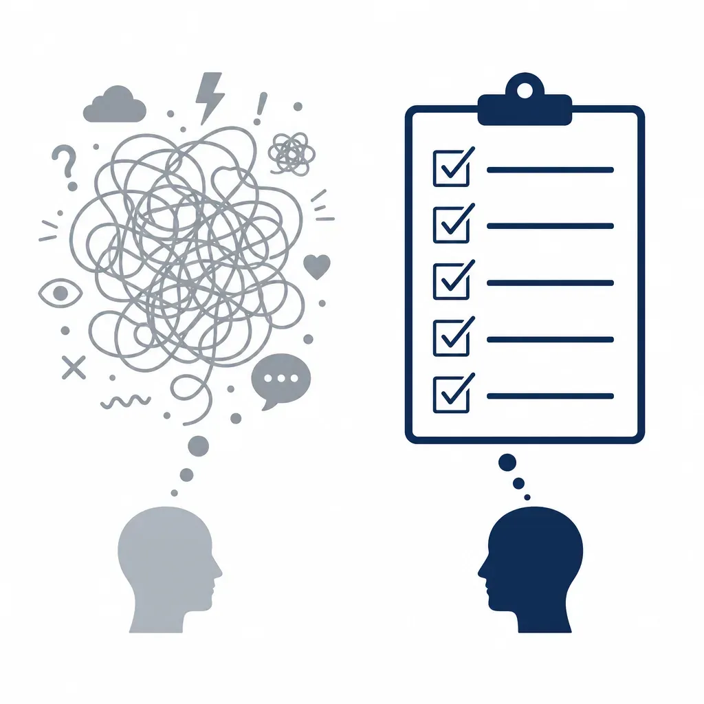 Two head silhouettes side by side: one with a tangled grey scribble overhead representing unstructured gut feeling, one with a ticked clipboard representing structured evaluation