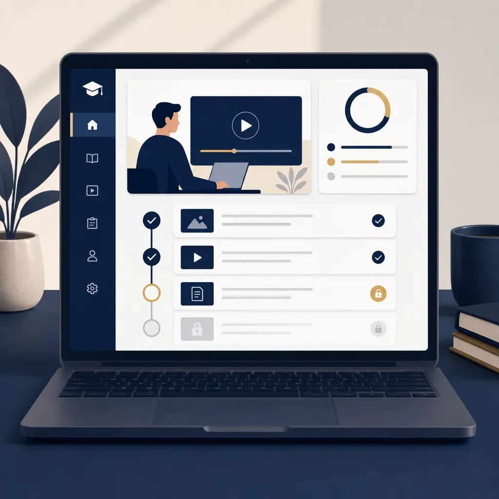 Laptop displaying a structured digital learning management system with video module, progress tracker and completed course items