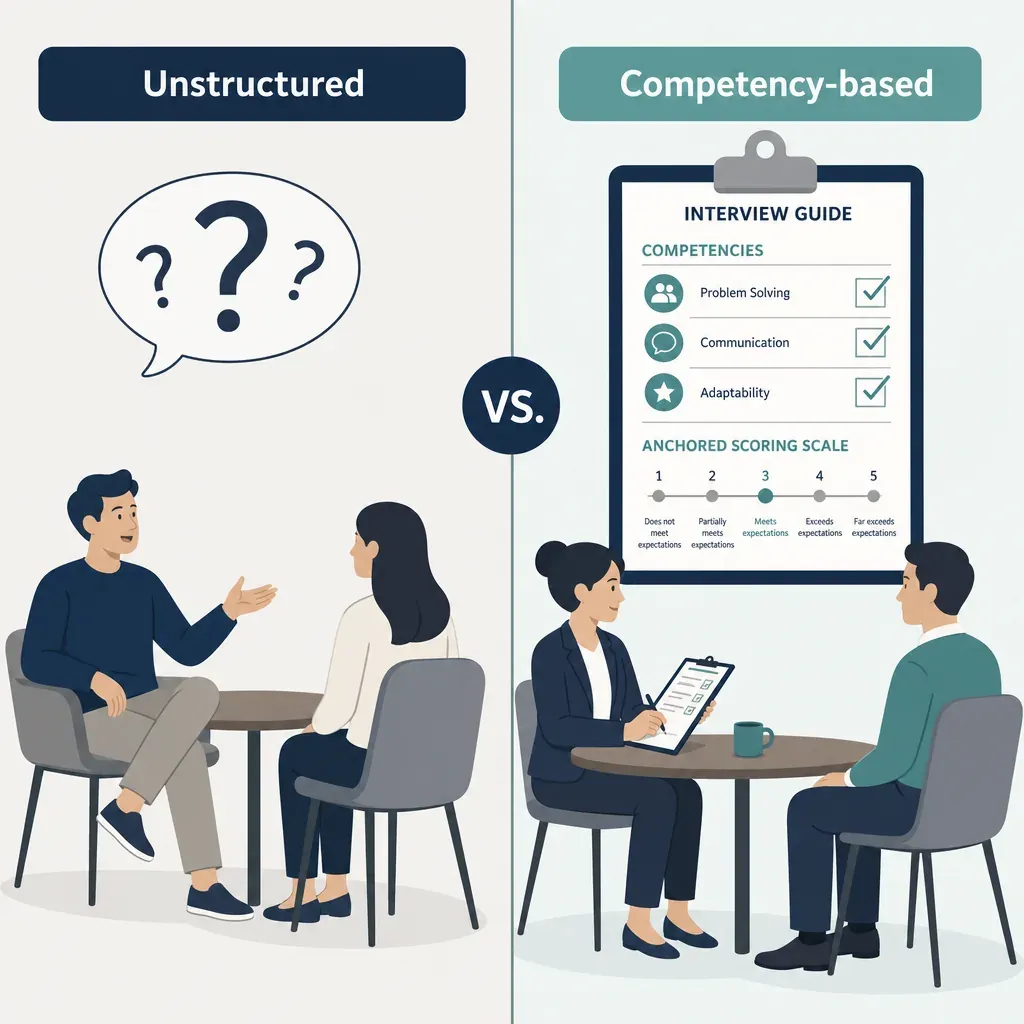 Side-by-side flat illustration contrasting unstructured interviews (question marks, casual posture) with competency-based interviews (clipboard, anchored scoring scale, ticked competencies)