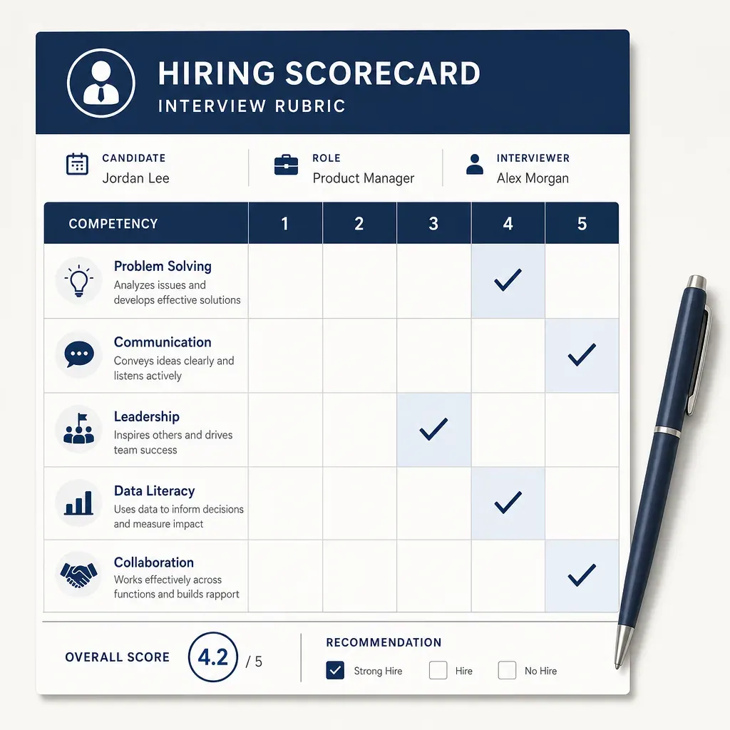 Hiring scorecard showing five competencies (Problem Solving, Communication, Leadership, Data Literacy, Collaboration) scored on a 1-5 grid with ticks, overall score 4.2, pen beside card