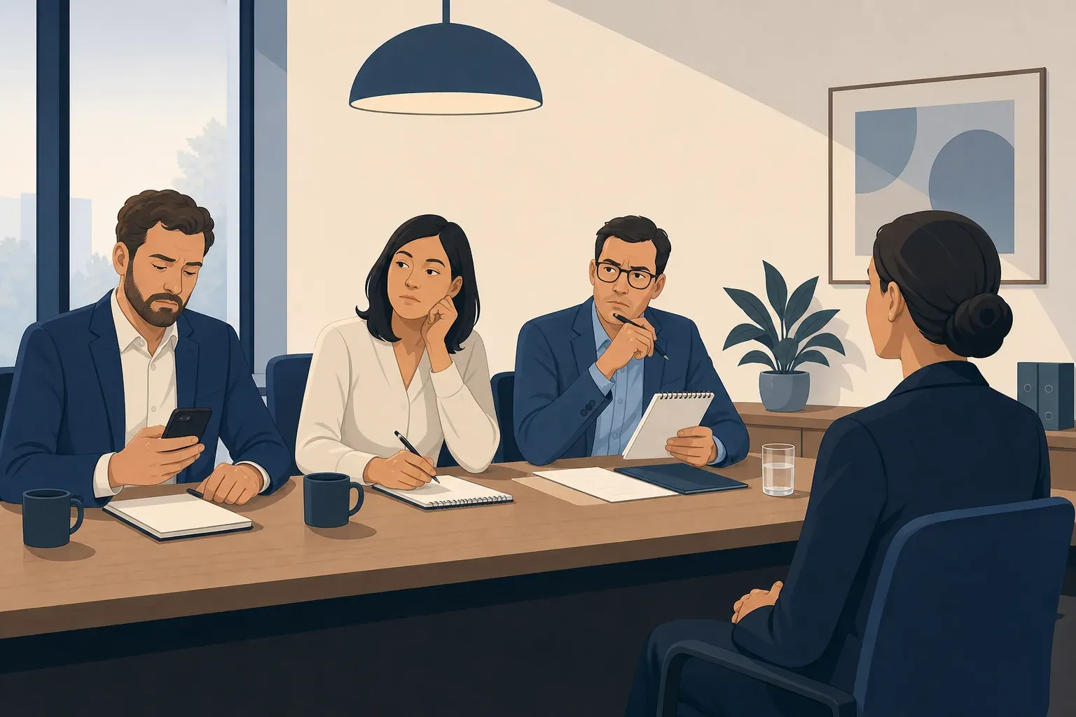 Three interviewers at a meeting table facing a candidate, one distracted by a phone, flat editorial illustration