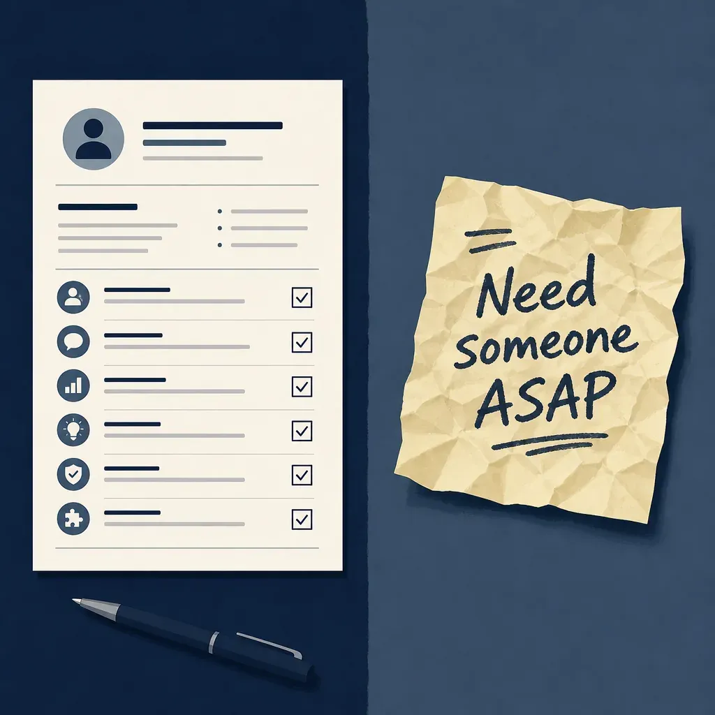 A structured job brief document with checkboxes contrasted with a crumpled note reading Need someone ASAP