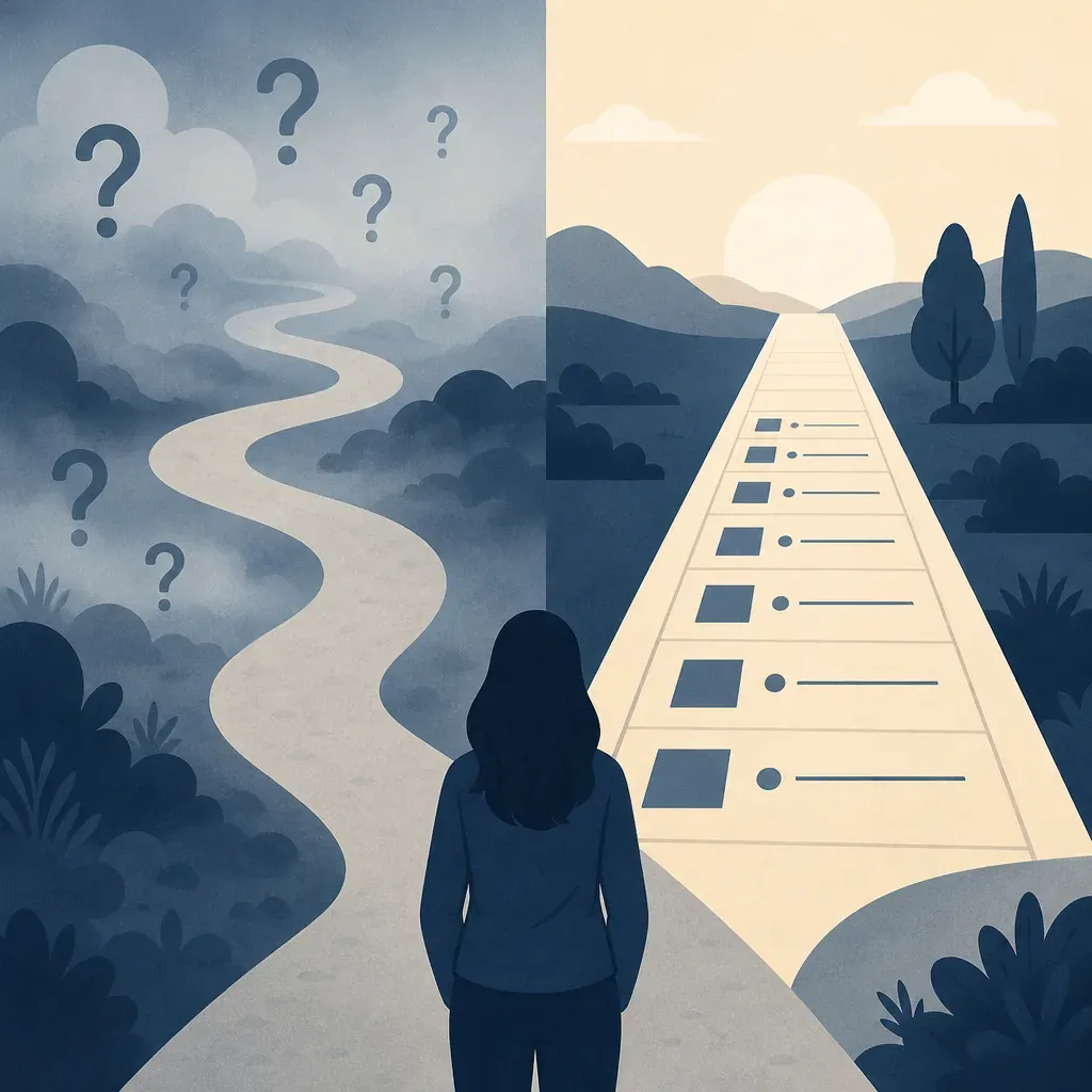 A figure at a fork between a foggy winding path with question marks and a clear straight road paved with a structured checklist