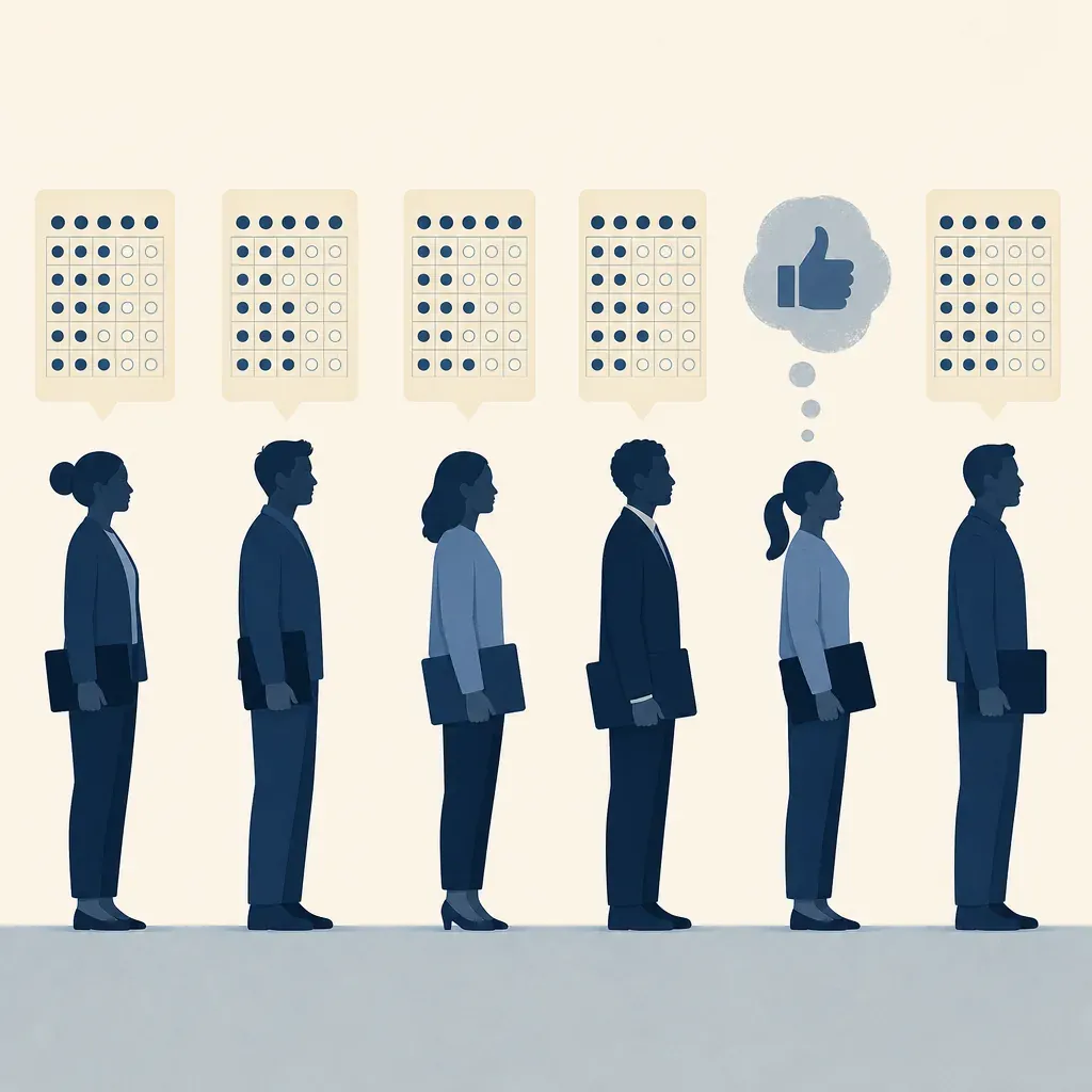 Six candidate silhouettes in a line, most with structured scoring grids above them, one with only a thumbs-up thought bubble