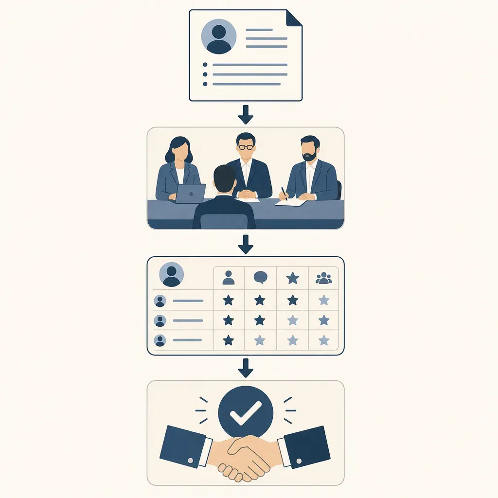 A four-step hiring pipeline: a job brief, a structured interview panel, a scorecard with star ratings, and a handshake with a tick mark