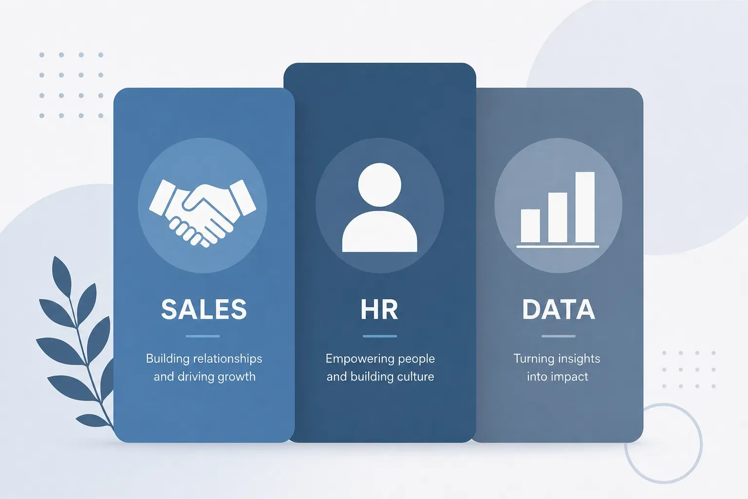 Three illustrated cards representing Sales, HR, and Data business functions with icons on a blue and white background.