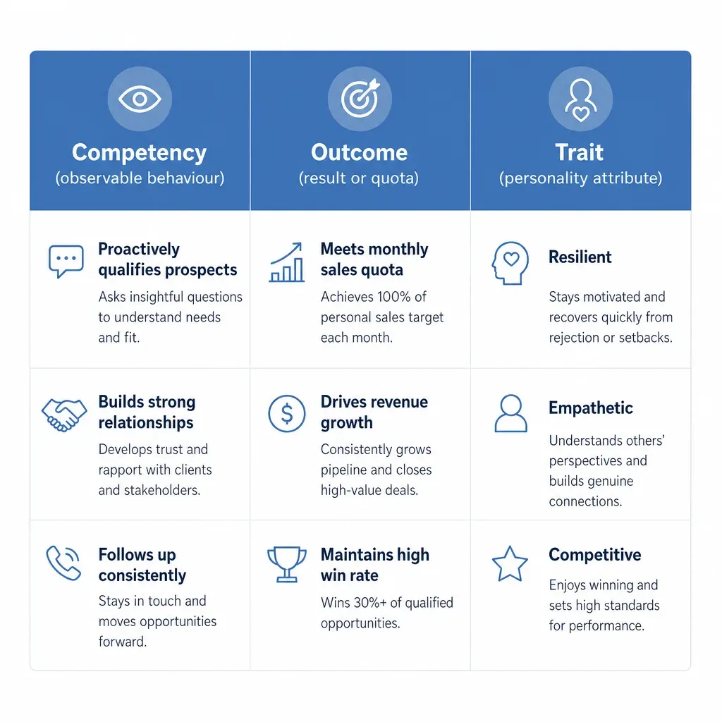 Three-column table distinguishing competencies, outcomes, and traits for a sales role with example rows and icons.