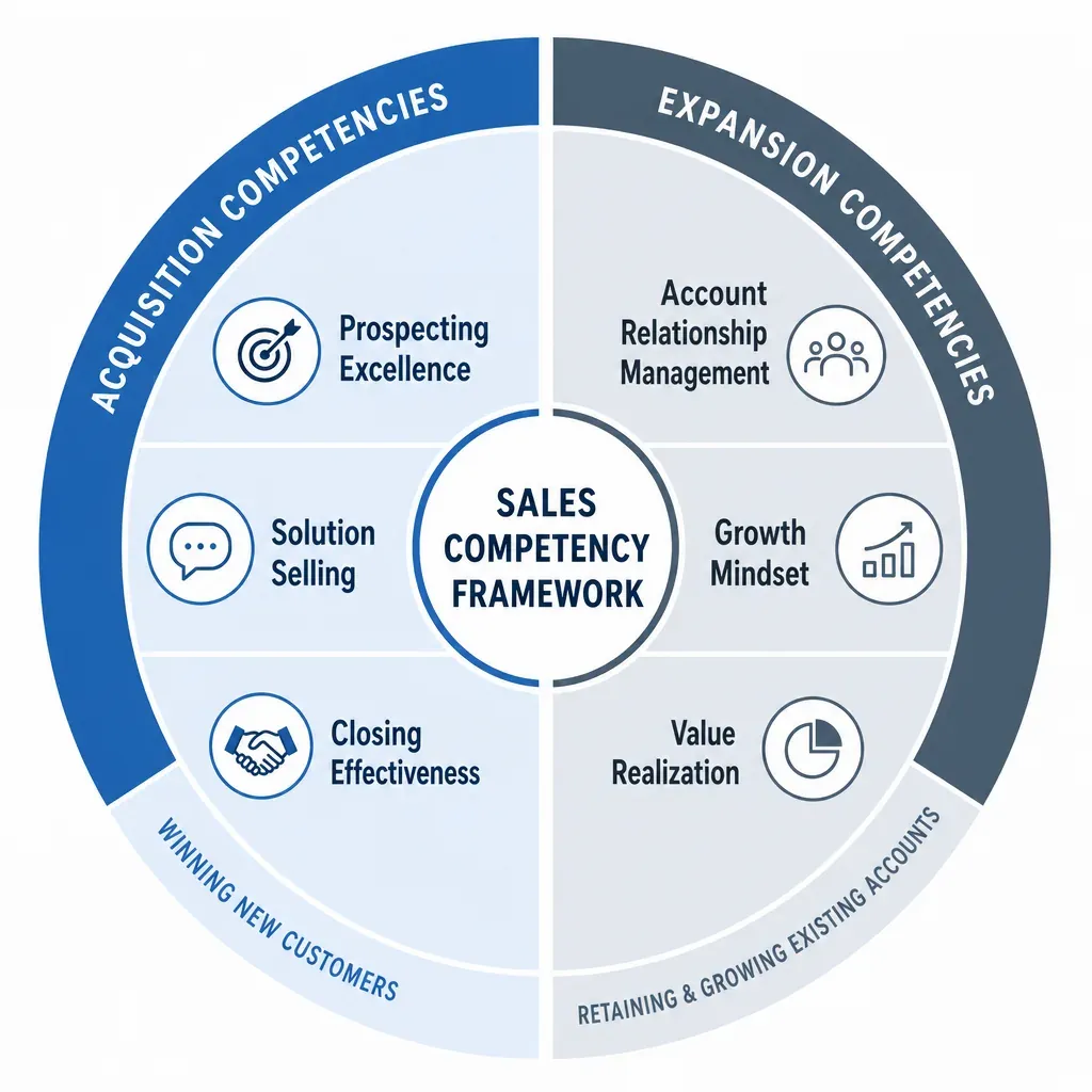 Circular diagram showing a sales competency framework split into acquisition competencies on the left and expansion competencies on the right.