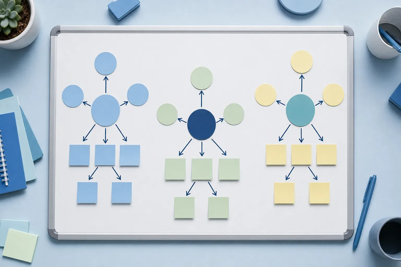 A whiteboard showing three colour-coded competency cluster diagrams with sticky notes and arrows, on a light blue desk.