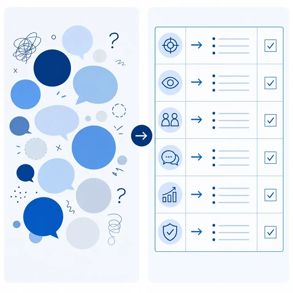 Two-panel diagram contrasting a chaotic trait list on the left with a structured behavioural indicator grid on the right.