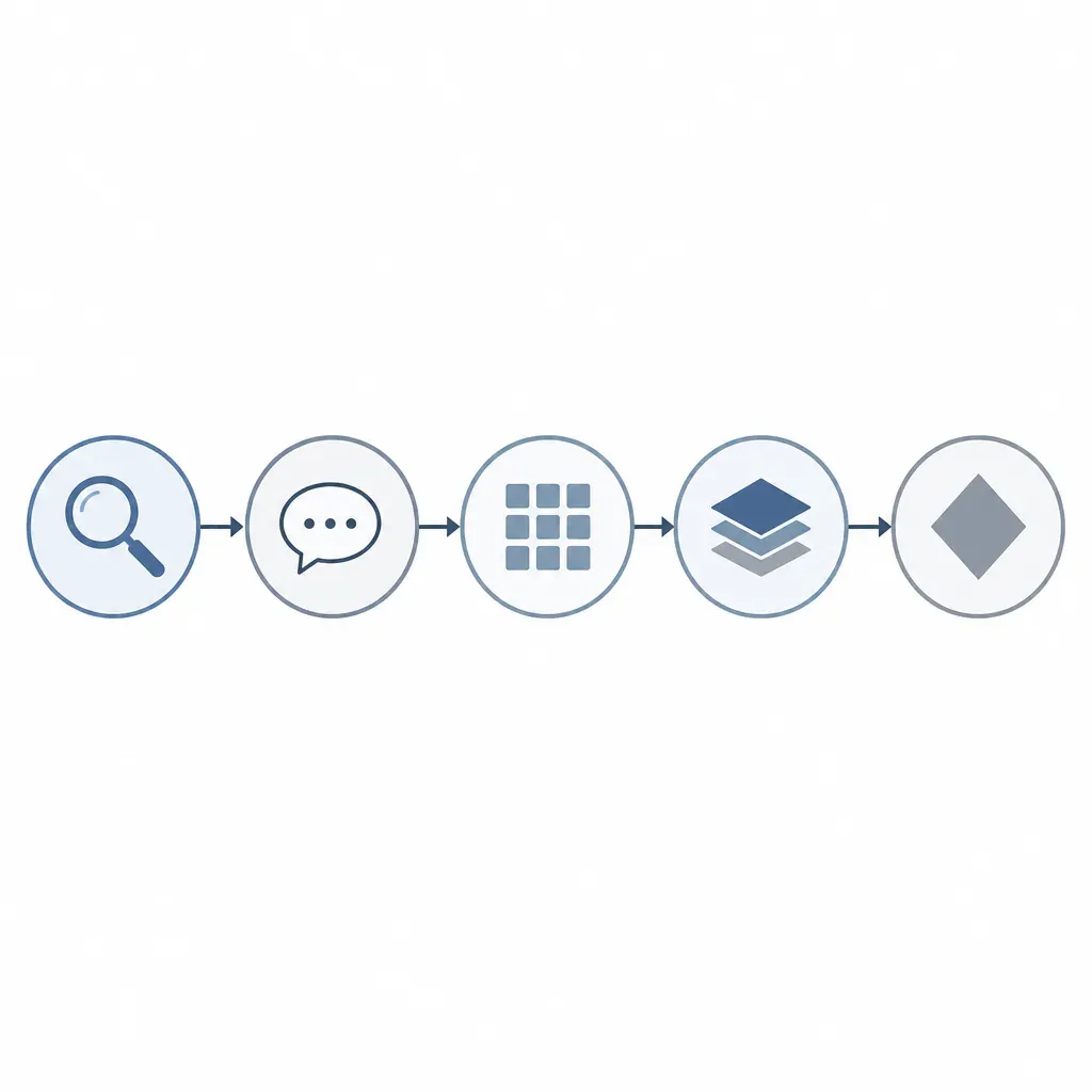 Five-step linear flowchart with icons for analyse, interview, organise, differentiate, and decide - the framework build process.