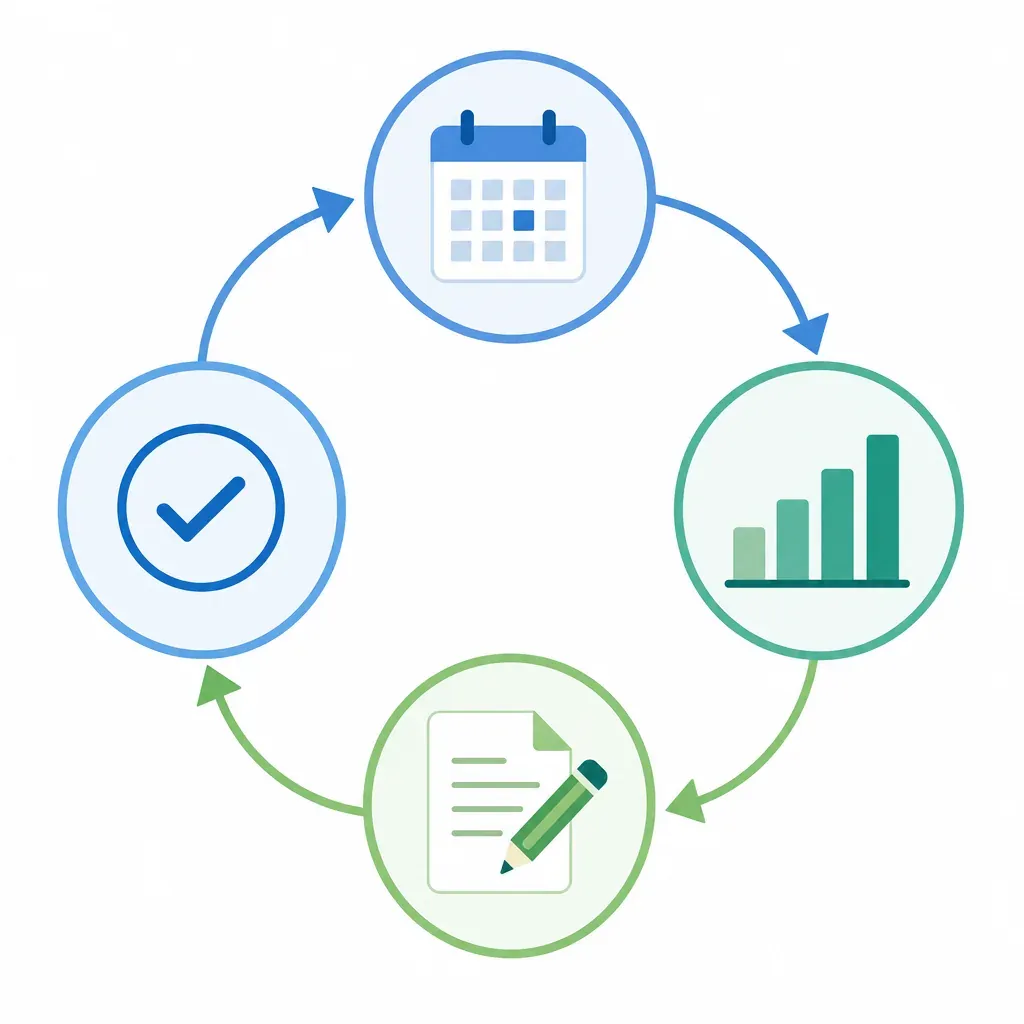 A circular four-stage maintenance cycle with icons for schedule, review performance data, update the framework, and embed in decisions.