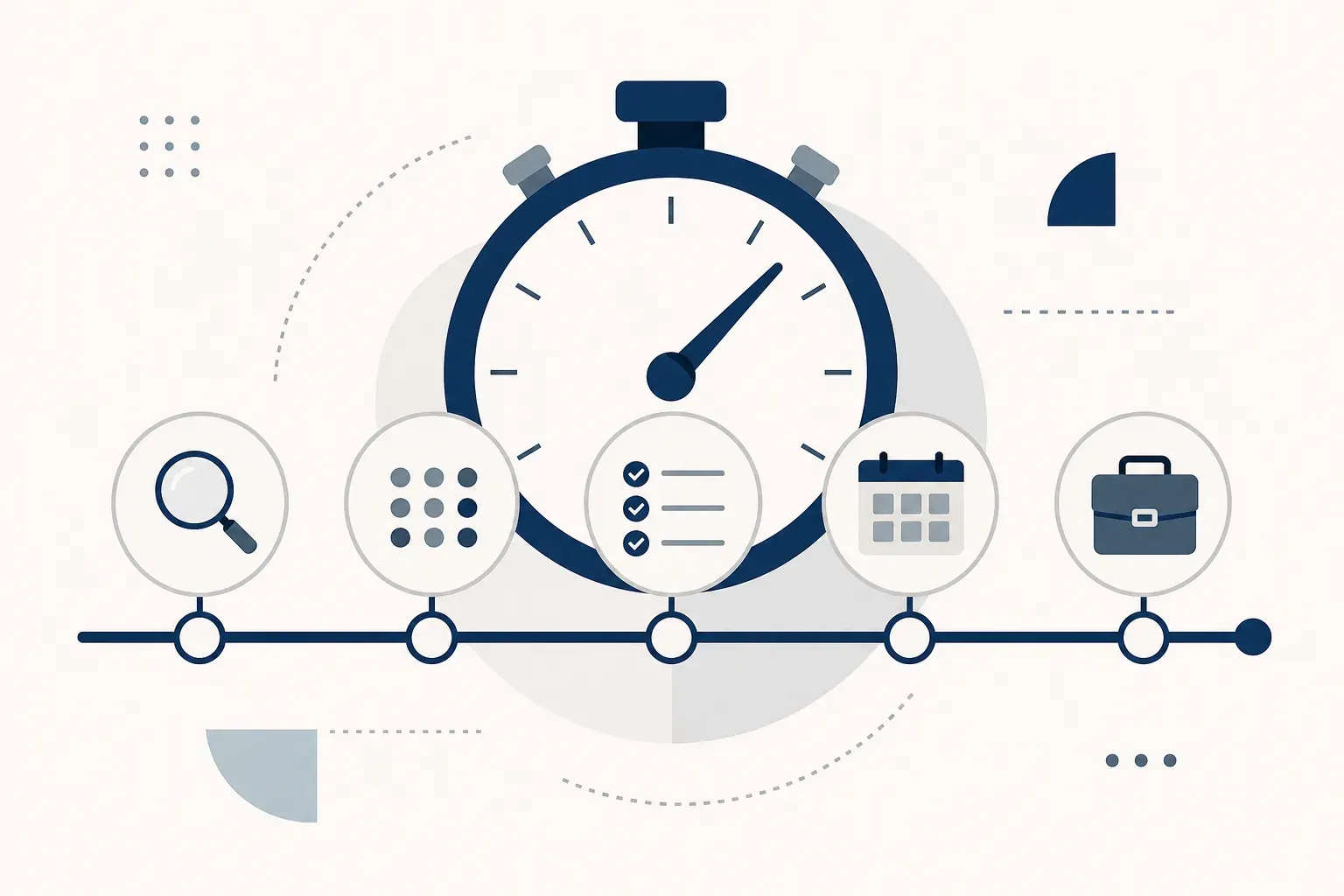 A stopwatch centred above a five-stage hiring timeline, with icons for search, screening, assessment, scheduling, and offer.