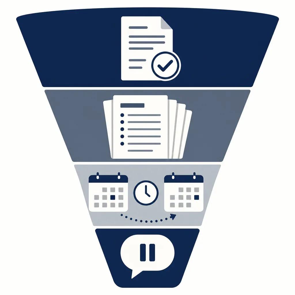 Navy and grey funnel with four zones: approved document, application stack, calendars with clock, and a pause bubble.