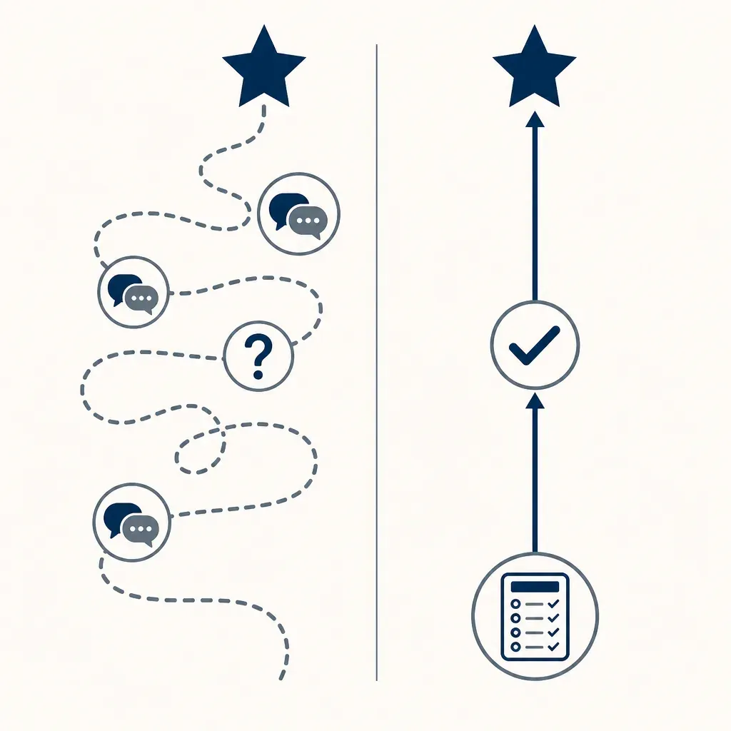 Winding dashed path with speech bubbles (left) vs short straight arrow from a checklist (right), both ending at a star.