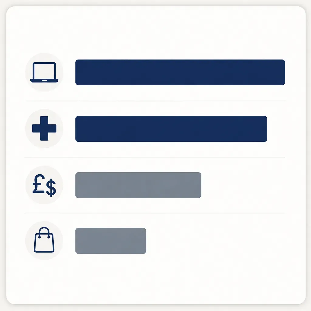 Horizontal bar chart by industry: laptop, medical cross, currency, and shopping bag icons with bars of decreasing length.