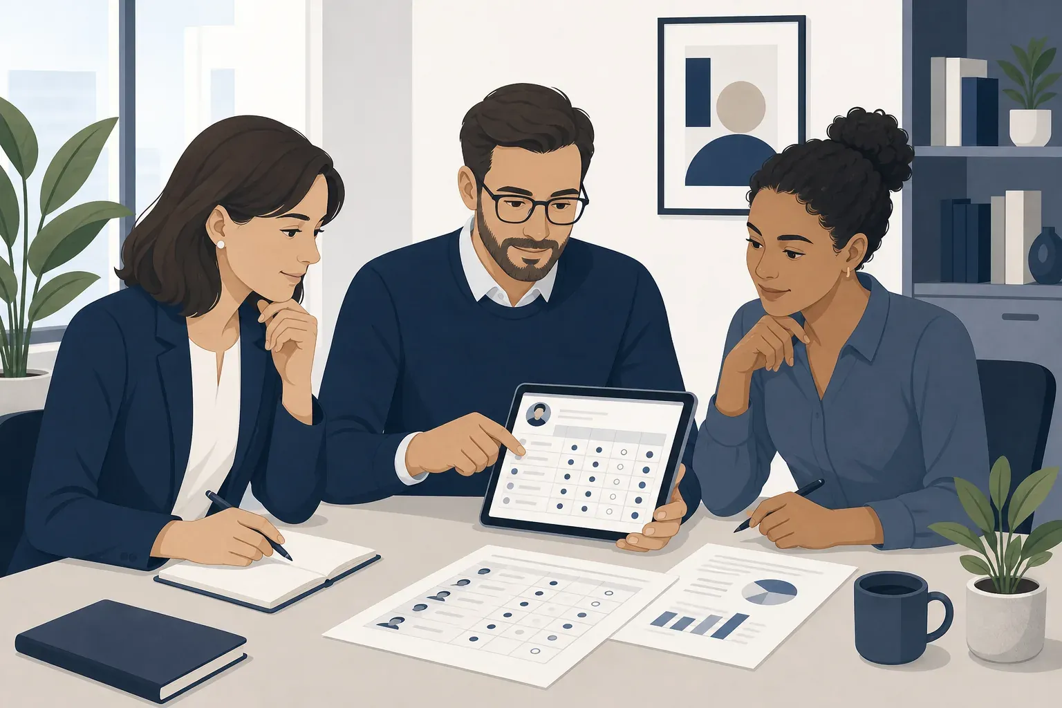 Three colleagues reviewing a candidate scorecard on a tablet in a calm, modern office setting