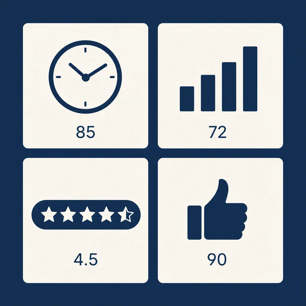 Four metric tiles showing clock, bar chart, star rating and thumbs-up icons on a navy scorecard grid