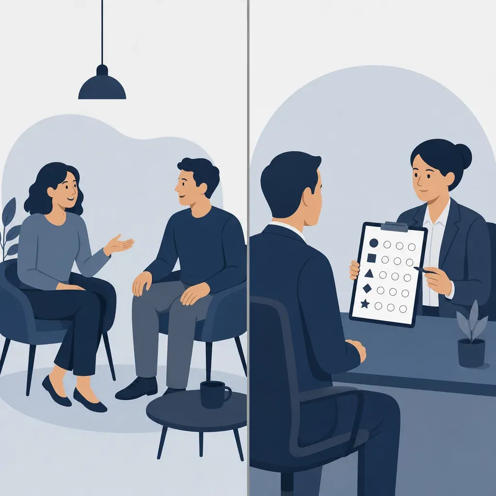 Split panel contrasting an informal conversation on the left with a structured interview using a clipboard rubric on the right