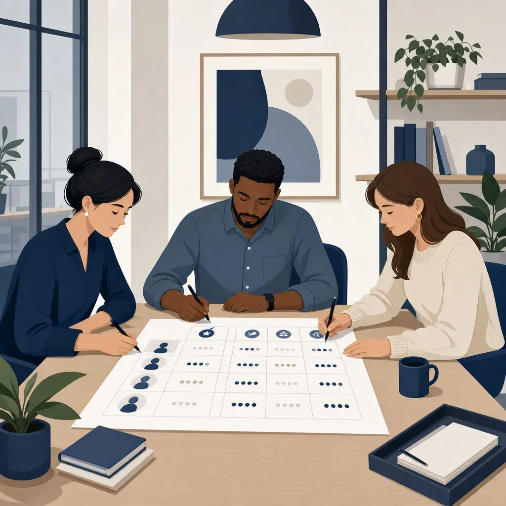 Three colleagues independently scoring a hiring rubric laid flat on a table in a calm modern office