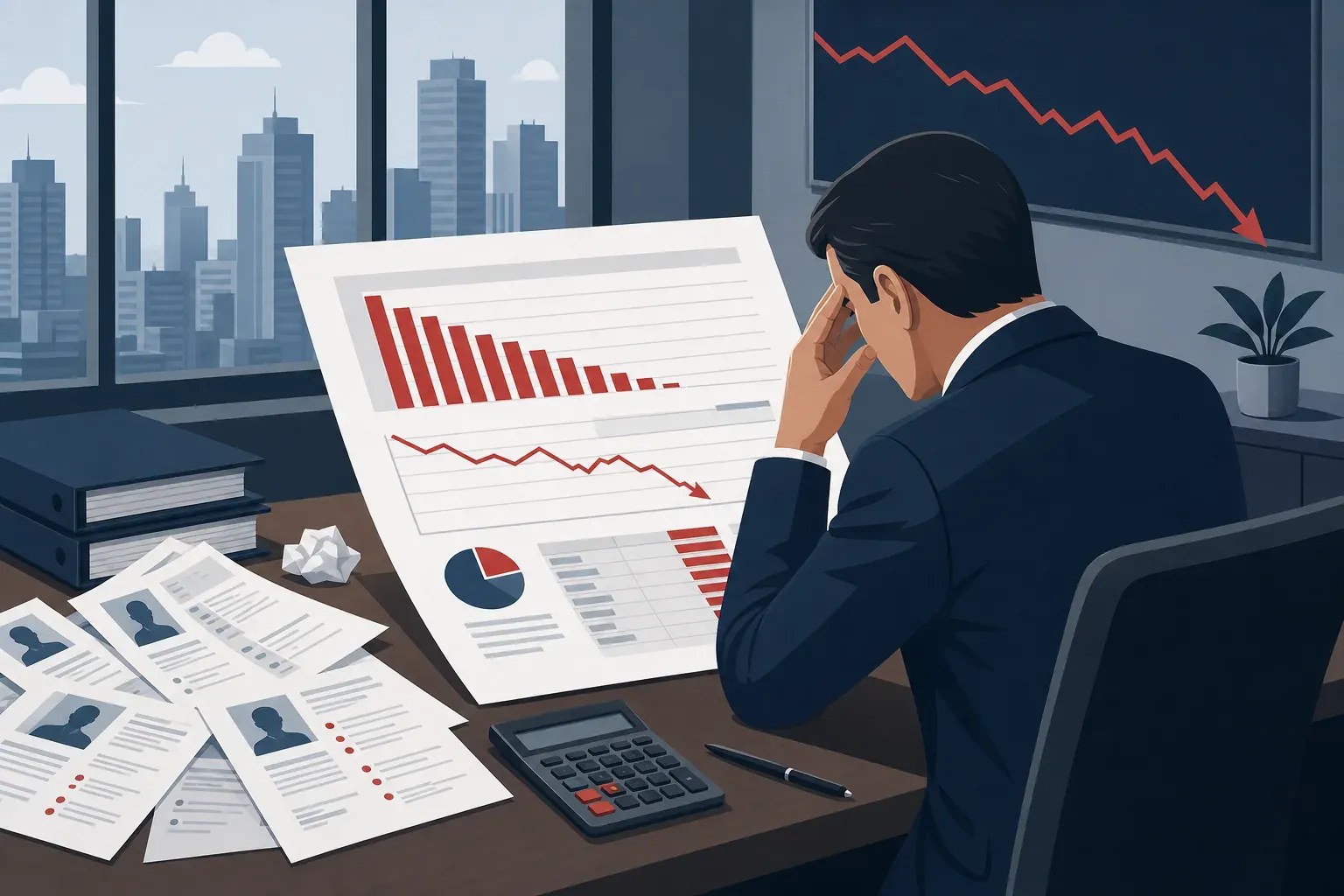 Business leader in dark suit reviewing declining financial report, CVs scattered on desk, red downward chart on wall behind