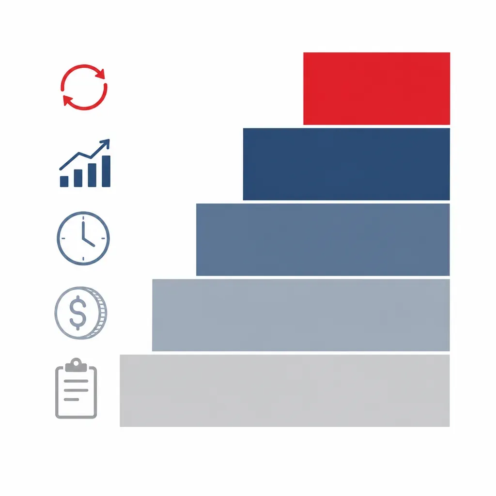 Five stacked cost blocks from grey to navy to red, with icons for clipboard, coin, clock, chart, and circular arrow