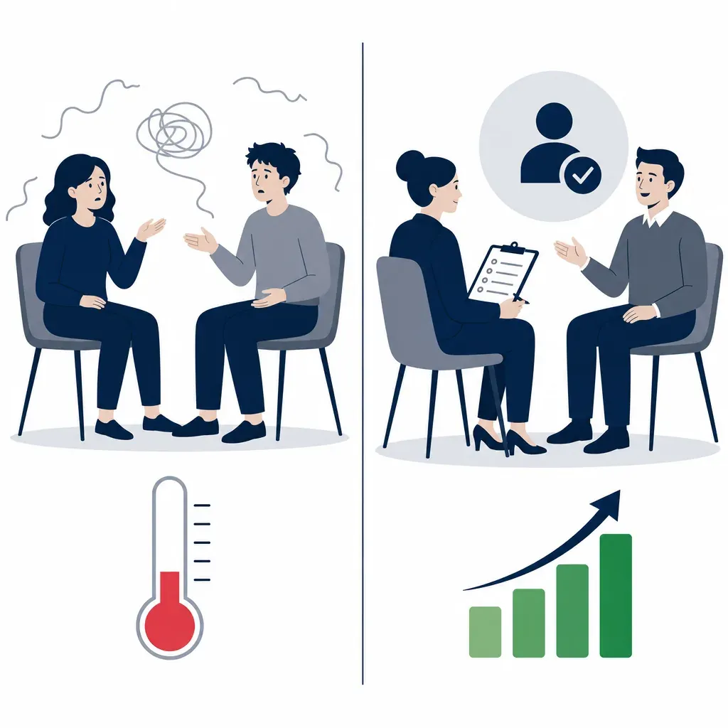 Left: chaotic unstructured interview with tangled lines; right: structured interview with clipboard and rising green chart