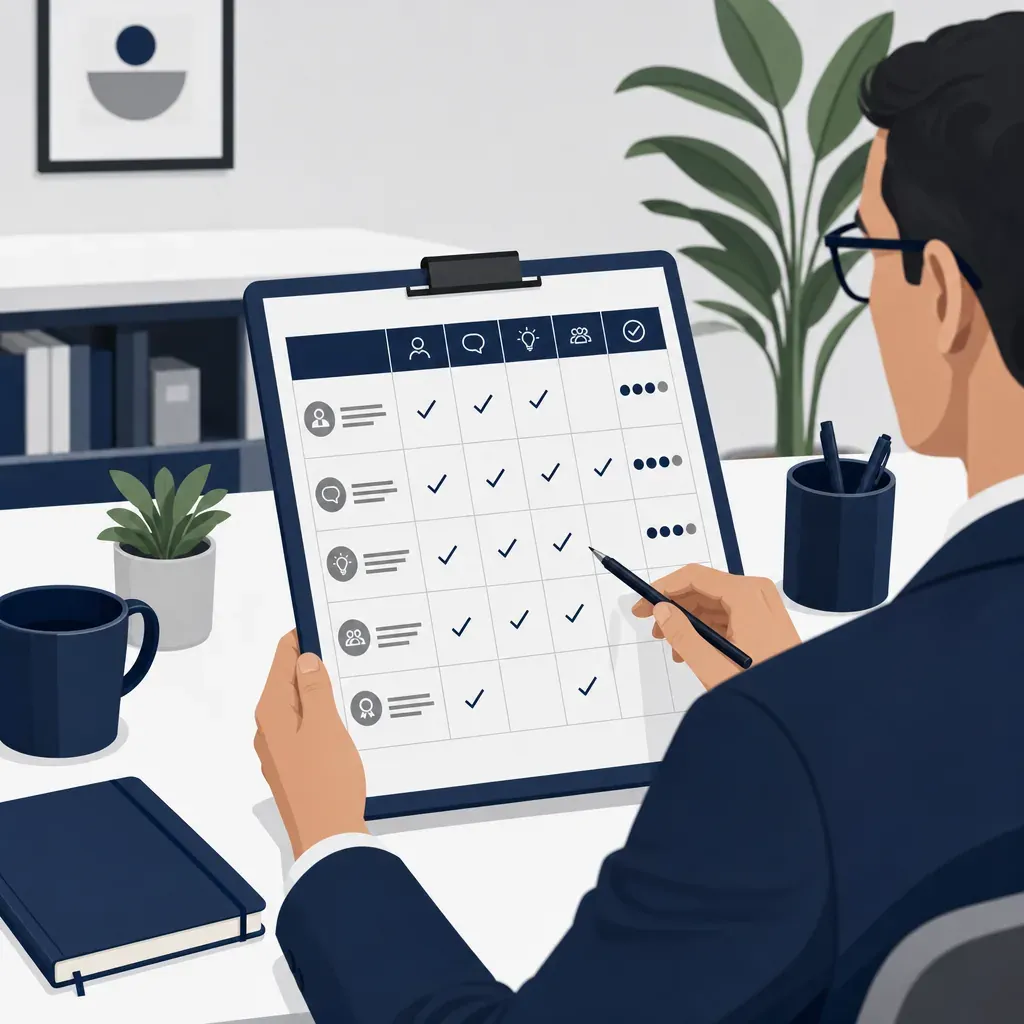 Hiring manager in dark suit reviewing a structured interview scorecard with grid, checkmarks, and ratings at a tidy desk
