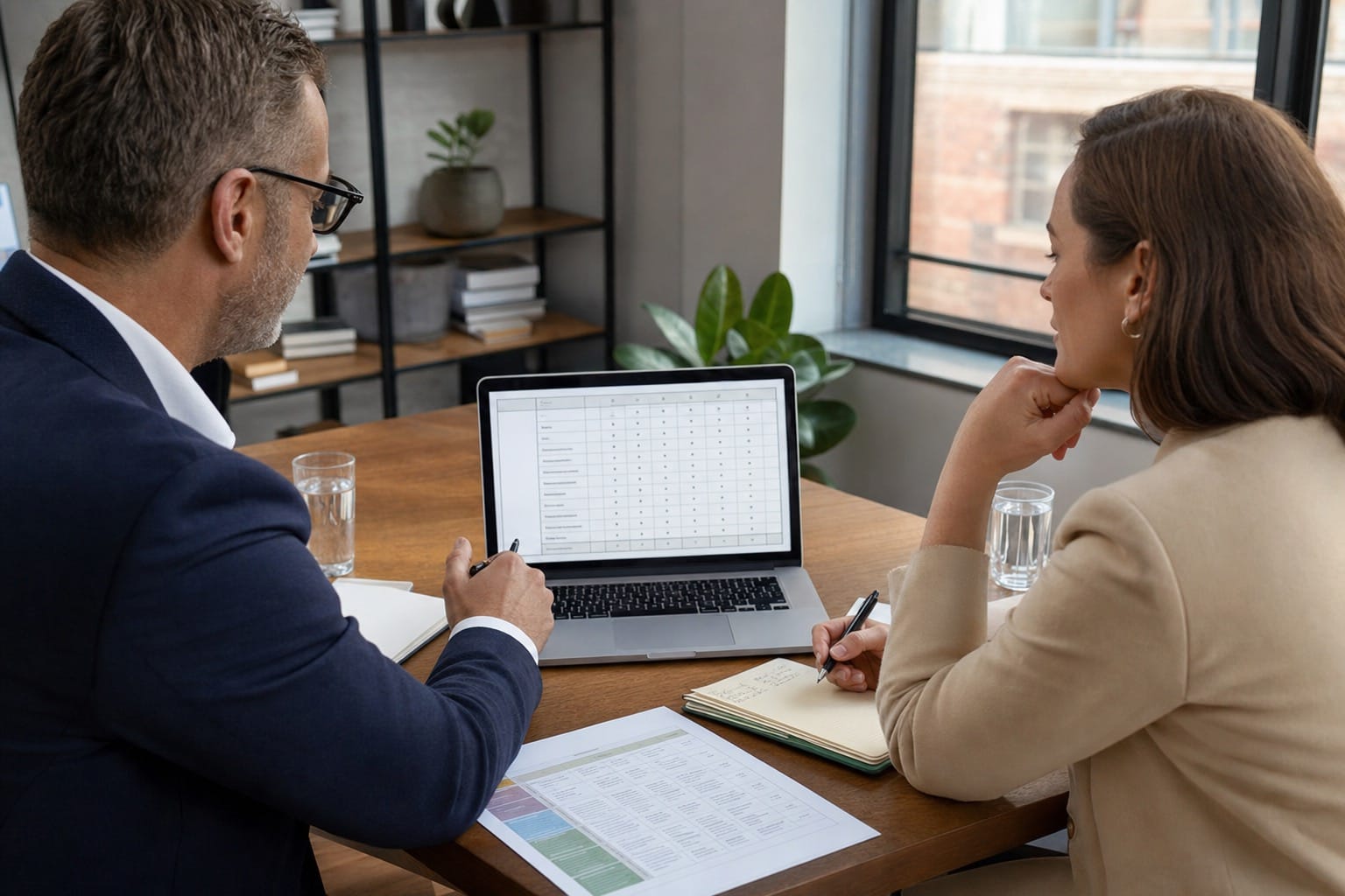 Two hiring managers reviewing a structured interview scorecard on a laptop