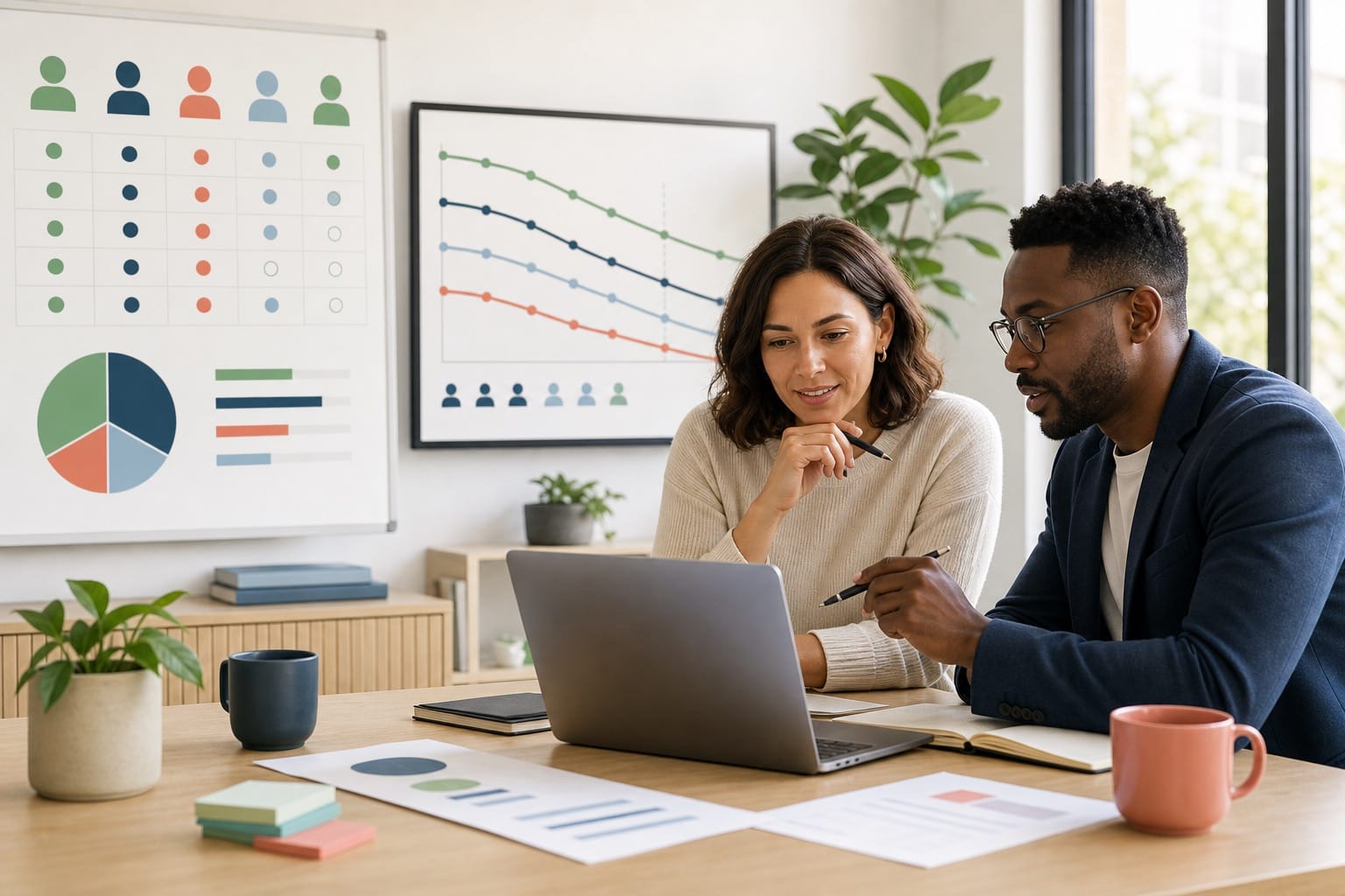 Two interviewers reviewing a hiring scorecard and retention chart on a laptop